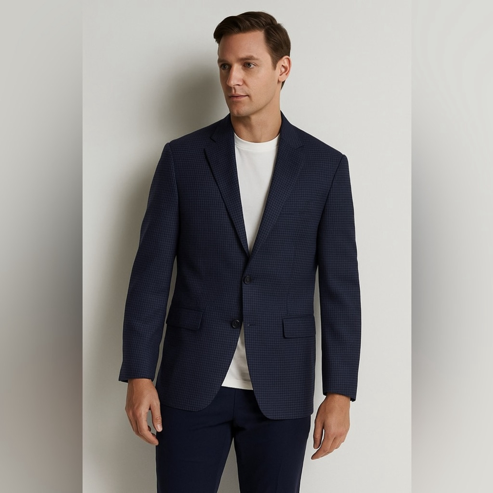Michael Kors Mens Classic Fit Stretch Houndstooth Sport Coat Blazer Blue 38 Reg